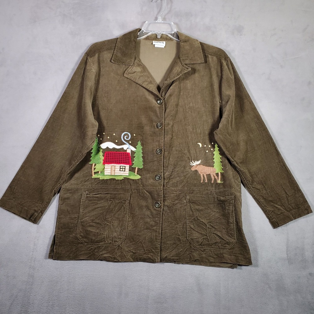 Vintage‎ BonWorth Corduroy Blazer Womens M Brown Moose Cabin Embroidered Holiday